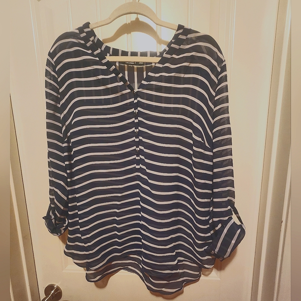 Sheer navy and white striped blouse by A.n.a